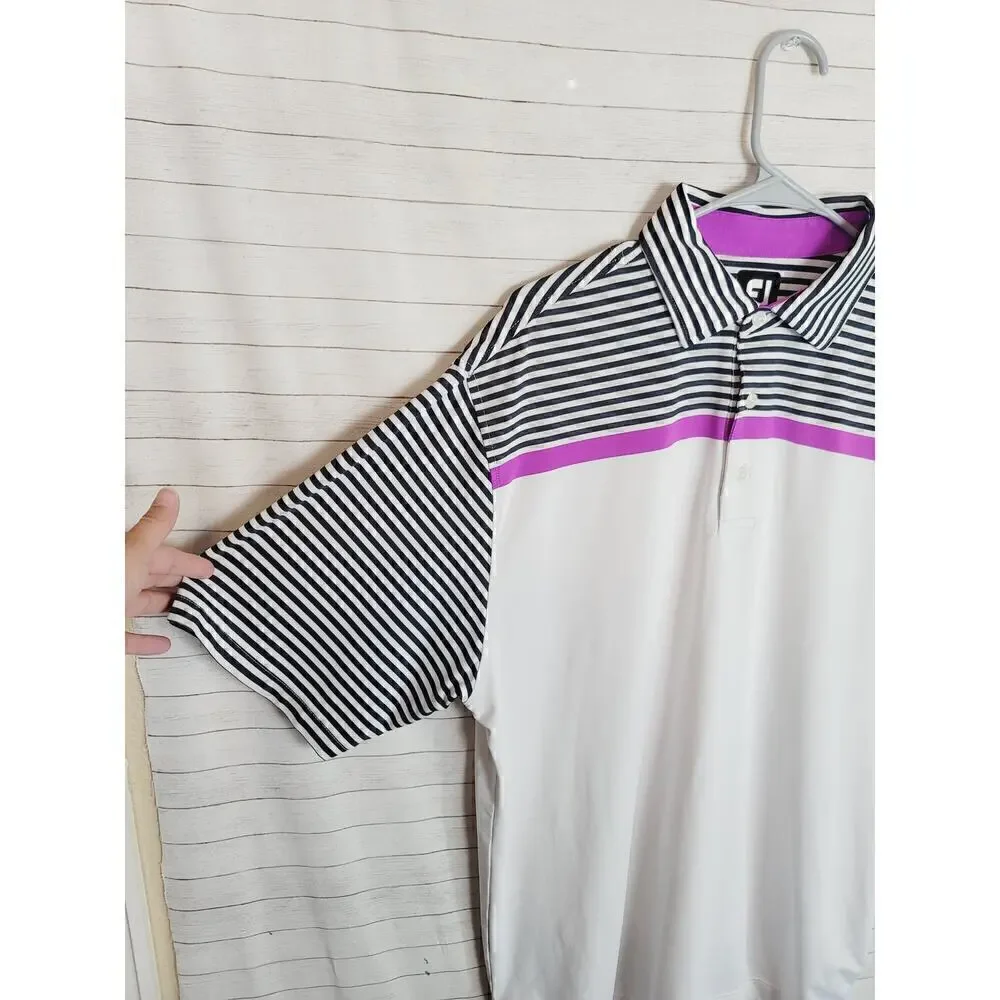 FOOTJOY STRIPED BLOCKED SHORT SLEEVE POLO IN WHITE, BLACK & PURPLE, SZ LARGE